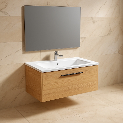 Immagine di Ideal Standard I.LIFE B set L.100 cm con mobile sottolavabo, finitura quercia chiara, lavabo, colore bianco finitura lucido, specchio rettangolare T5275NX+T460301