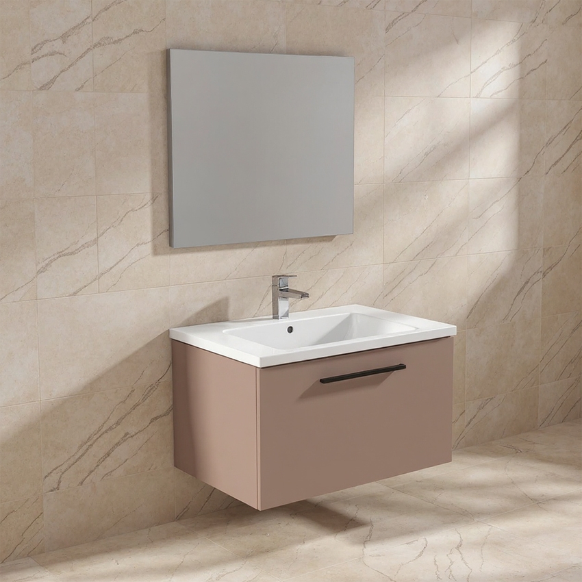 Immagine di Ideal Standard I.LIFE B set L.80 cm con mobile sottolavabo, colore greige finitura opaco, lavabo, colore bianco finitura lucido, specchio rettangolare T5271NH+T460401