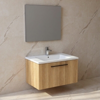 Immagine di Ideal Standard I.LIFE B set L.80 cm con mobile sottolavabo, finitura quercia chiara, lavabo, colore bianco finitura lucido, specchio rettangolare T5271NX+T460401