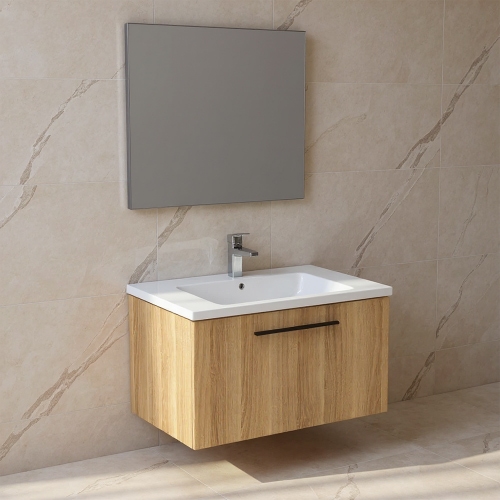 Immagine di Ideal Standard I.LIFE B set L.80 cm con mobile sottolavabo, finitura quercia chiara, lavabo, colore bianco finitura lucido, specchio rettangolare T5271NX+T460401