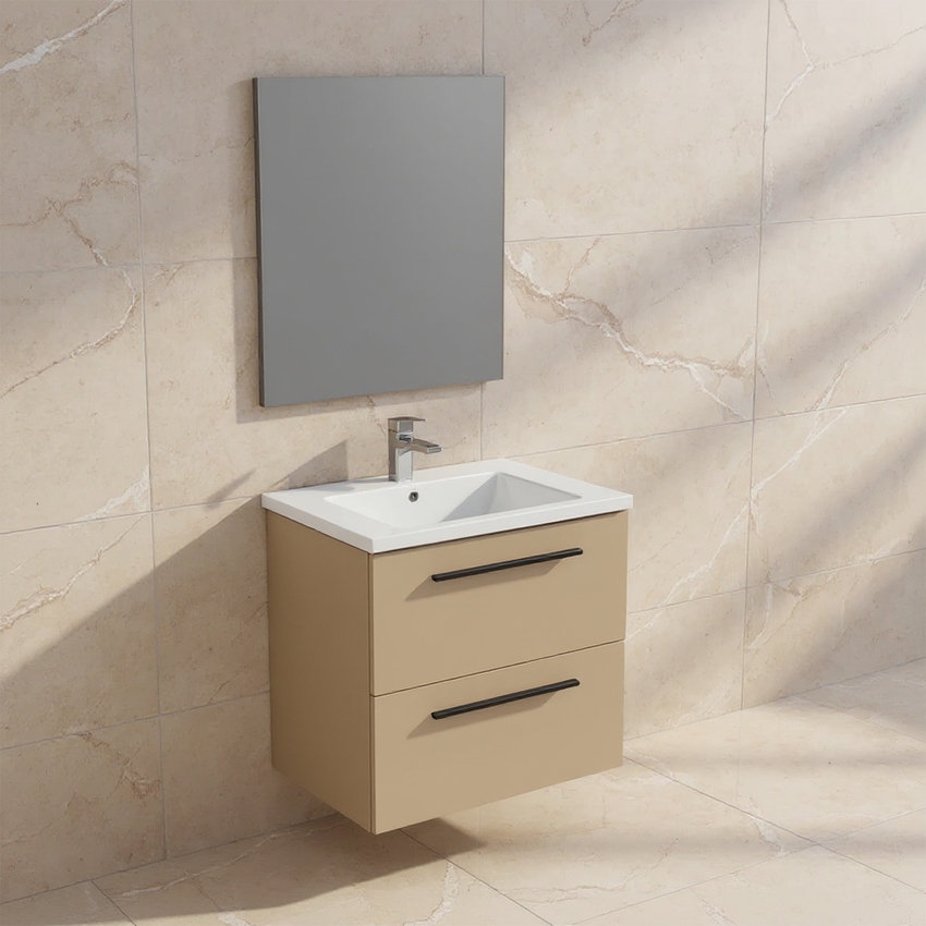Immagine di Ideal Standard I.LIFE B set L.60 cm con mobile sottolavabo, colore sabbia finitura opaco, lavabo, colore bianco finitura lucido, specchio rettangolare T5270NF+T460501