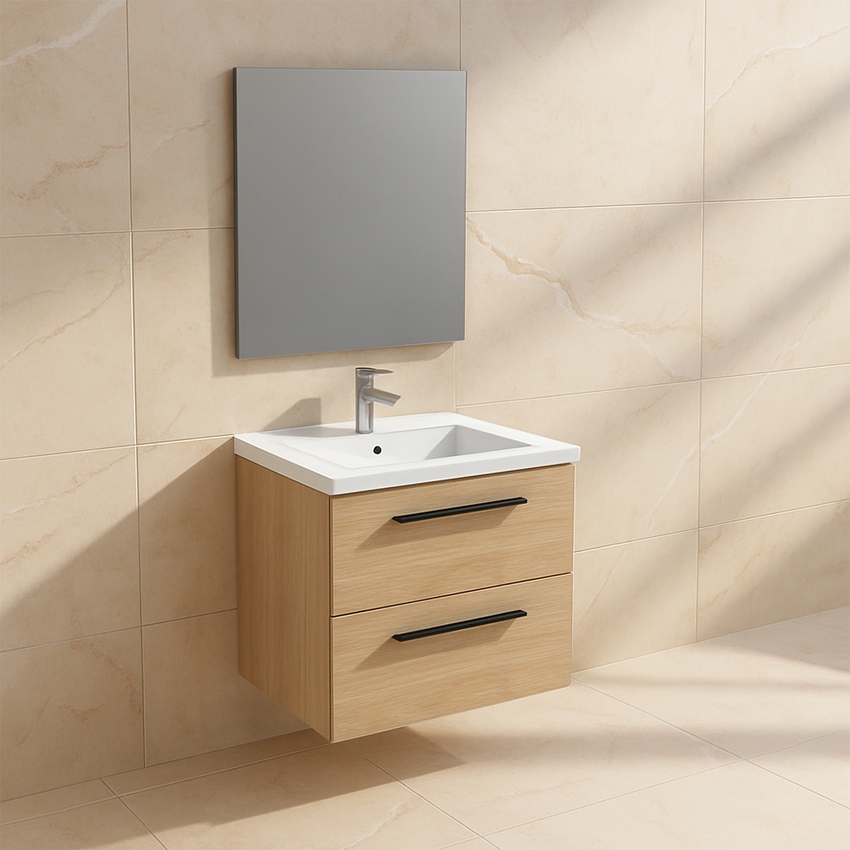 Immagine di Ideal Standard I.LIFE B set L.60 cm con mobile sottolavabo, finitura quercia chiara, lavabo, colore bianco finitura lucido, specchio rettangolare T5270NX+T460501