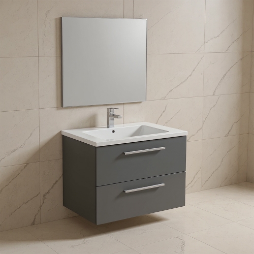 Immagine di Ideal Standard I.LIFE B set L.80 cm con mobile sottolavabo, colore grigio quarzo finitura opaco, lavabo, colore bianco finitura lucido, specchio rettangolare T5272NG+T460401