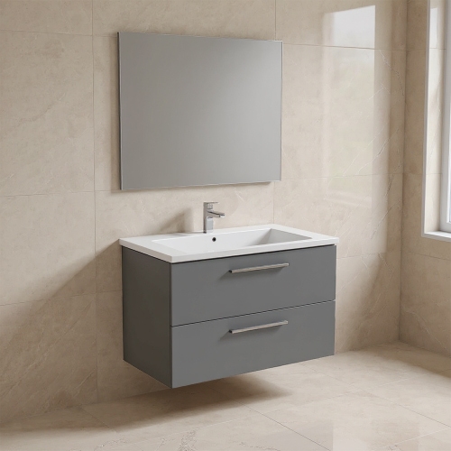 Immagine di Ideal Standard I.LIFE B set L.100 cm con mobile sottolavabo, colore grigio quarzo finitura opaco, lavabo, colore bianco finitura lucido, specchio rettangolare T5276NG+T460301