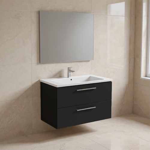 Immagine di Ideal Standard I.LIFE B set L.100 cm con mobile sottolavabo, colore grigio carbonio finitura opaco, lavabo, colore bianco finitura lucido, specchio rettangolare T5276NV+T460301