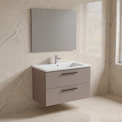 Immagine di Ideal Standard I.LIFE B set L.100 cm con mobile sottolavabo, colore greige finitura opaco, lavabo, colore bianco finitura lucido, specchio rettangolare T5276NH+T460301