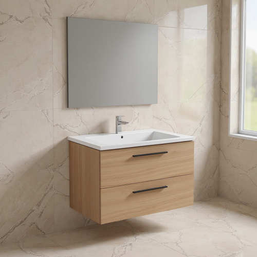 Immagine di Ideal Standard I.LIFE B set L.100 cm con mobile sottolavabo, finitura quercia chiara, lavabo, colore bianco finitura lucido, specchio rettangolare T5276NX+T460301