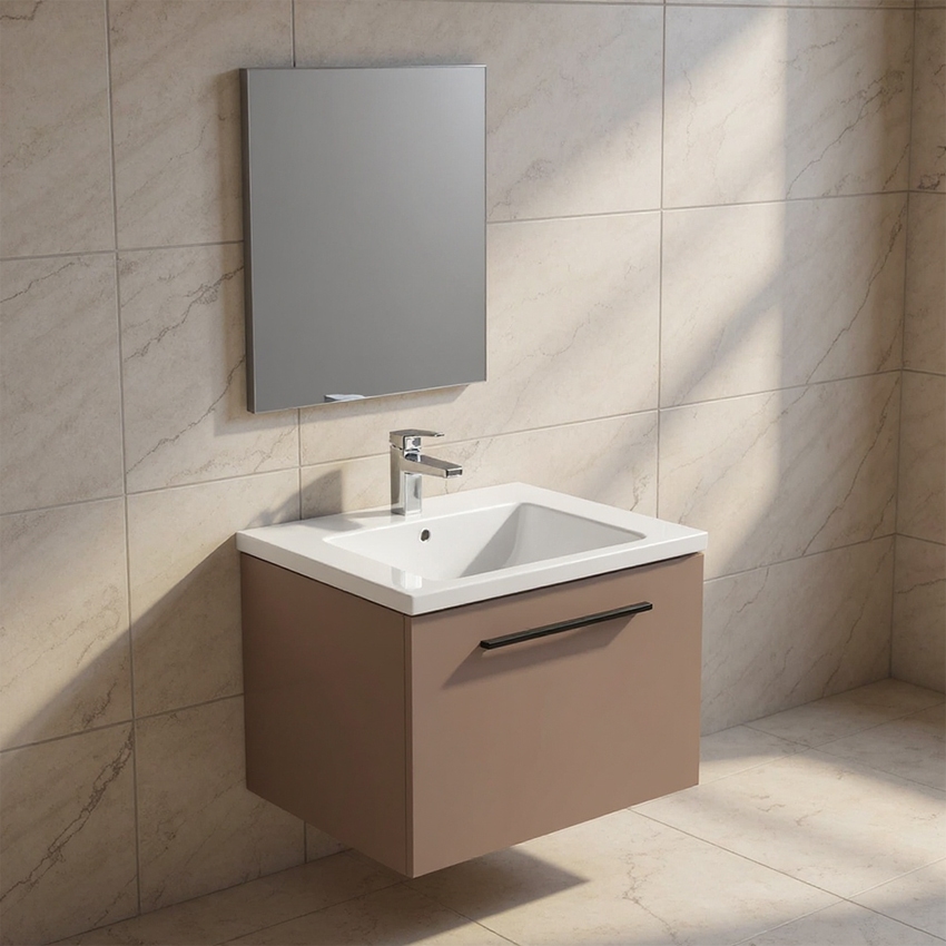 Immagine di Ideal Standard I.LIFE B set L.60 cm con mobile sottolavabo, colore greige finitura opaco, lavabo, colore bianco finitura lucido, specchio rettangolare T5269NH+T460501