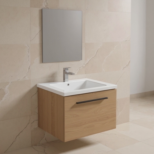 Immagine di Ideal Standard I.LIFE B set L.60 cm con mobile sottolavabo, finitura quercia chiara, lavabo, colore bianco finitura lucido, specchio rettangolare T5269NX+T460501