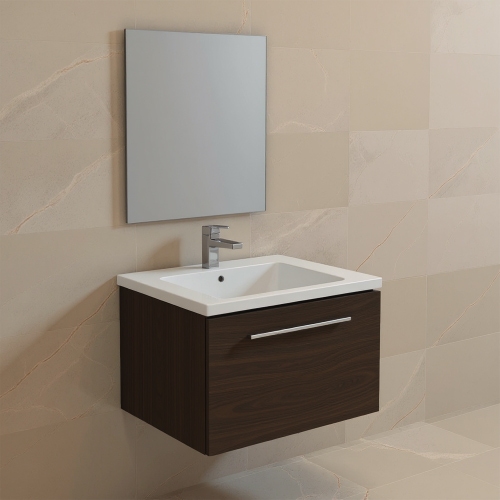 Immagine di Ideal Standard I.LIFE B set L.60 cm con mobile sottolavabo, finitura quercia scura, lavabo, colore bianco finitura lucido, specchio rettangolare T5269NW+T460501