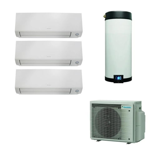Immagine di Daikin MULTI+ sistema per raffrescamento, riscaldamento e acqua calda sanitaria con serbatoio da 120 L | unità esterna 5.2 kW | unità interne Perfera 7000+9000+12000 BTU 4MWXM52A9-EKHWET120BV3-FTXM[20|25|35]A