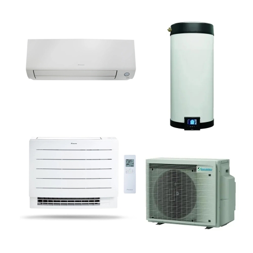 Immagine di Daikin MULTI+ sistema per raffrescamento, riscaldamento e acqua calda sanitaria con serbatoio da 120 L | unità esterna 5.2 kW | unità interna split 9000 e pavimento 12000 BTU 4MWXM52A9+EKHWET120BV3+FTXM25A+FVXM35B