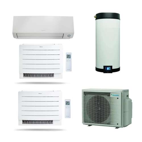 Immagine di Daikin MULTI+ sistema per raffrescamento, riscaldamento e acqua calda sanitaria con serbatoio da 90 L | unità esterna 5.2 kW | unità interne split 9000 e pavimento 9000+9000 4MWXM52A9+EKHWET90BV3+FTXM25R+2FVXM25B