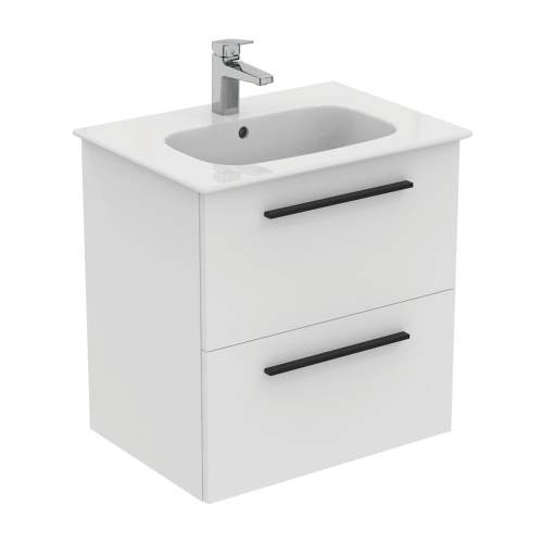 Immagine di Ideal Standard I.LIFE A set con mobile sottolavabo L.60 cm, 2 cassetti, colo bianco finitura opaco e lavabo L.60 cm con foro rubinetteria e troppopieno, colore bianco finitura lucido T5255DU+T461901