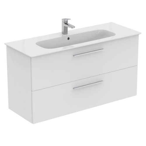 Immagine di Ideal Standard I.LIFE A set con mobile sottolavabo L.120 cm, 2 cassetti, colore bianco finitura opaco e lavabo L.120 cm con foro rubinetteria e troppopieno, colore bianco finitura opaco T5258DU+T462201
