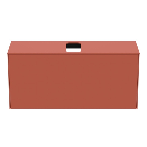 Immagine di Ideal Standard CONCA set con lavabo sospeso o d’appoggio L.60 P.45 cm, colore bianco, miscelatore monocomando con scarico piletta, finitura cromo, mobile sottolavabo L.120 cm, colore sunset finitura opaco, specchio rotondo Ø100 CONCA03