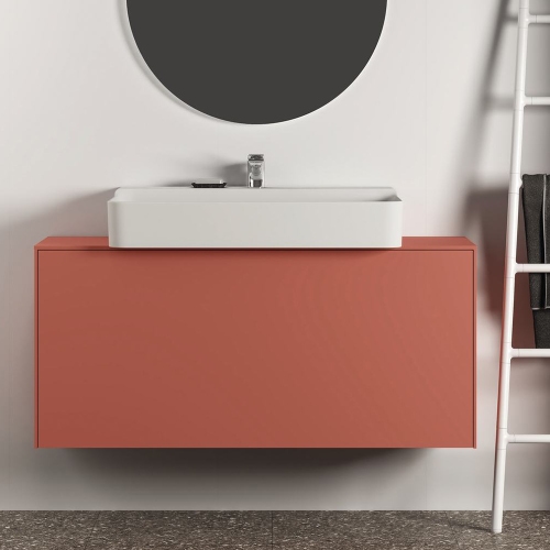 Immagine di Ideal Standard CONCA set con lavabo sospeso o d’appoggio L.60 P.45 cm, colore bianco, miscelatore monocomando con scarico piletta, finitura cromo, mobile sottolavabo L.120 cm, colore sunset finitura opaco, specchio rotondo Ø100 CONCA03