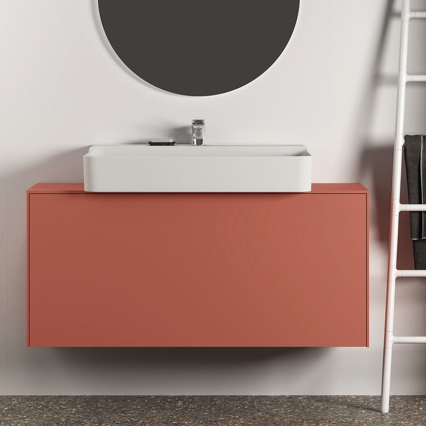 Immagine di Ideal Standard CONCA set con lavabo sospeso o d’appoggio L.60 P.45 cm, colore bianco, miscelatore monocomando con scarico piletta, finitura cromo, mobile sottolavabo L.120 cm, colore sunset finitura opaco, specchio rotondo Ø100 CONCA03