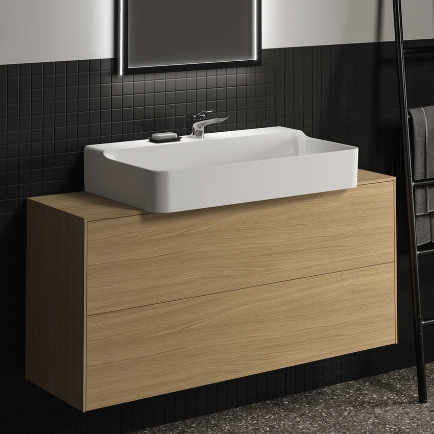 Immagine di Ideal Standard CONCA composizione bagno: lavabo d’appoggio L.60 P.45 cm, colore bianco, miscelatore monocomando con scarico, finitura cromo, mobile sottolavabo L.120 cm, finitura legno chiaro, specchio rotondo Ø80 CONCA02