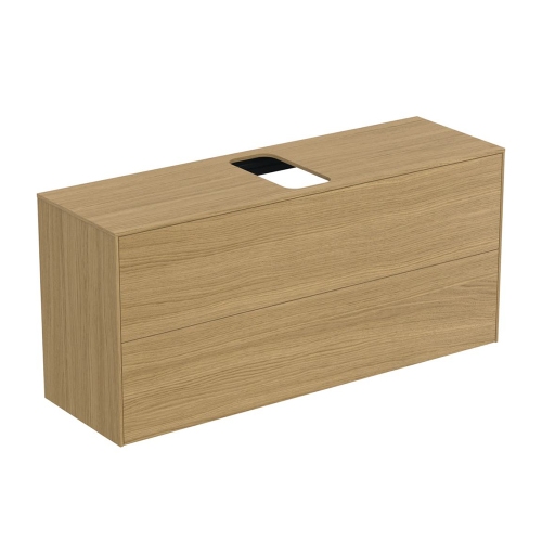 Immagine di Ideal Standard CONCA composizione bagno: lavabo d’appoggio L.60 P.45 cm, colore bianco, miscelatore monocomando con scarico, finitura cromo, mobile sottolavabo L.120 cm, finitura legno chiaro, specchio rotondo Ø80 CONCA02