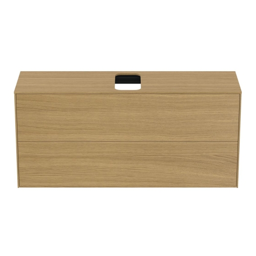 Immagine di Ideal Standard CONCA composizione bagno: lavabo d’appoggio L.60 P.45 cm, colore bianco, miscelatore monocomando con scarico, finitura cromo, mobile sottolavabo L.120 cm, finitura legno chiaro, specchio rotondo Ø80 CONCA02
