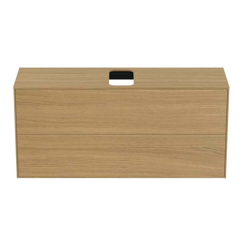 Immagine di Ideal Standard CONCA composizione bagno: lavabo d’appoggio L.60 P.45 cm, colore bianco, miscelatore monocomando con scarico, finitura cromo, mobile sottolavabo L.120 cm, finitura legno chiaro, specchio rotondo Ø80 CONCA02