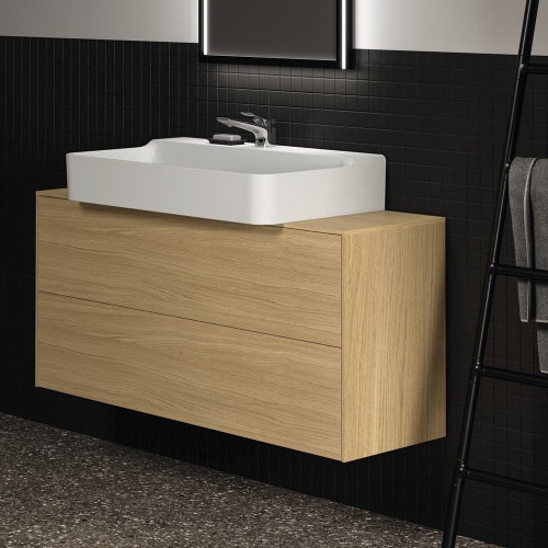Immagine di Ideal Standard CONCA composizione bagno: lavabo d’appoggio L.60 P.45 cm, colore bianco, miscelatore monocomando con scarico, finitura cromo, mobile sottolavabo L.120 cm, finitura legno chiaro, specchio rotondo Ø80 CONCA02