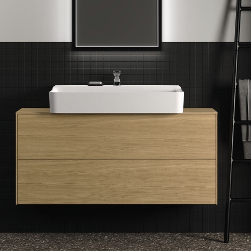 Immagine di Ideal Standard CONCA composizione bagno: lavabo d’appoggio L.60 P.45 cm, colore bianco, miscelatore monocomando con scarico, finitura cromo, mobile sottolavabo L.120 cm, finitura legno chiaro, specchio rotondo Ø80 CONCA02
