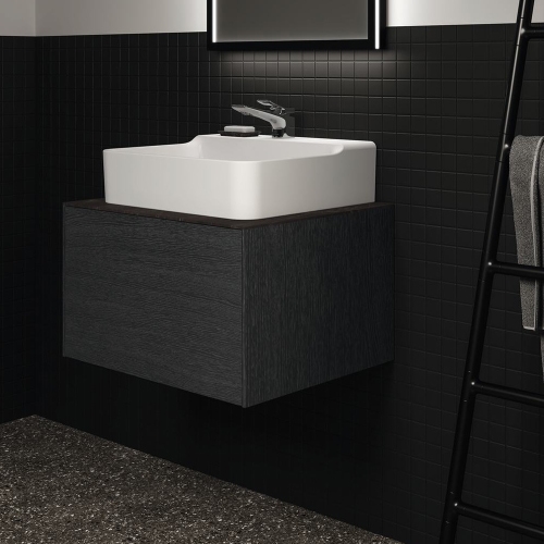 Immagine di Ideal Standard CONCA set con lavabo d’appoggio L.45 P.38 cm, colore bianco, miscelatore monocomando a parete, finitura cromo, mobile sottolavabo L.60 cm, finitura rovere affumicato scuro, mensola L.120, finitura rovere affumicato scuro CONCA09
