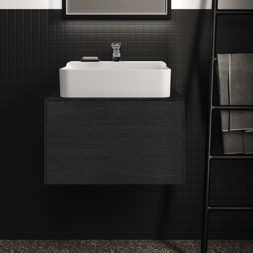 Immagine di Ideal Standard CONCA set con lavabo d’appoggio L.45 P.38 cm, colore bianco, miscelatore monocomando a parete, finitura cromo, mobile sottolavabo L.60 cm, finitura rovere affumicato scuro, mensola L.120, finitura rovere affumicato scuro CONCA09