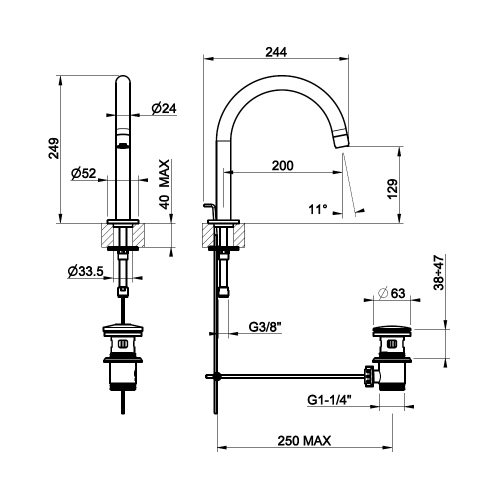 Immagine di Gessi VIA TORTONA bocca P.24 cm per lavabo, con scarico, finitura cromo 18621#031