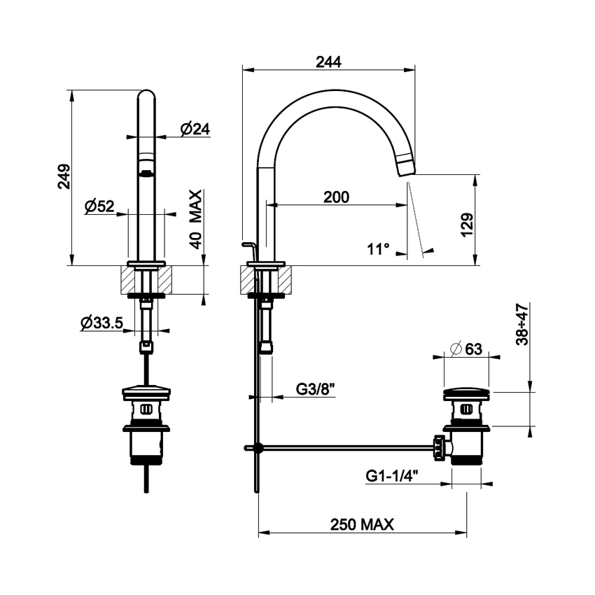 Immagine di Gessi VIA TORTONA bocca P.24 cm per lavabo, con scarico, finitura cromo 18621#031
