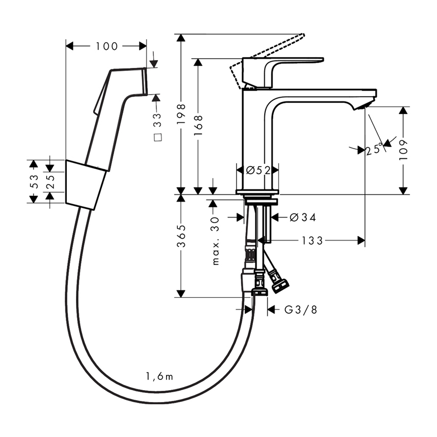Immagine di Hansgrohe REBRIS E miscelatore monocomando H.17 cm, per lavabo, senza scarico, con doccetta bidet e flessibile 160 cm, finitura cromo 72216000