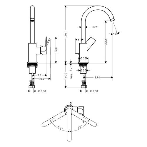 Immagine di Hansgrohe REBRIS E miscelatore monocomando H.30 cm, per lavabo, con scarico e bocca girevole, finitura cromo 72576000
