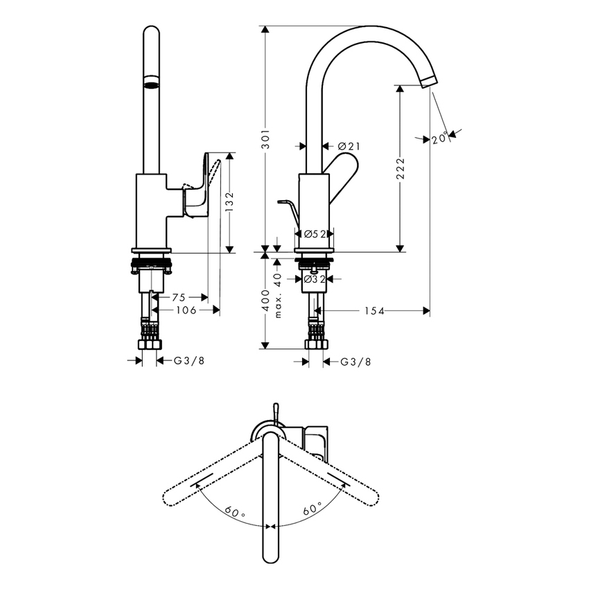 Immagine di Hansgrohe REBRIS S miscelatore monocomando H.30 cm, per lavabo, con scarico e bocca girevole, colore nero finitura opaco 72536670