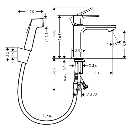 Immagine di Hansgrohe REBRIS S miscelatore monocomando H.17 cm, per lavabo, senza scarico, con doccetta bidet e flessibile 160 cm, finitura cromo 72215000