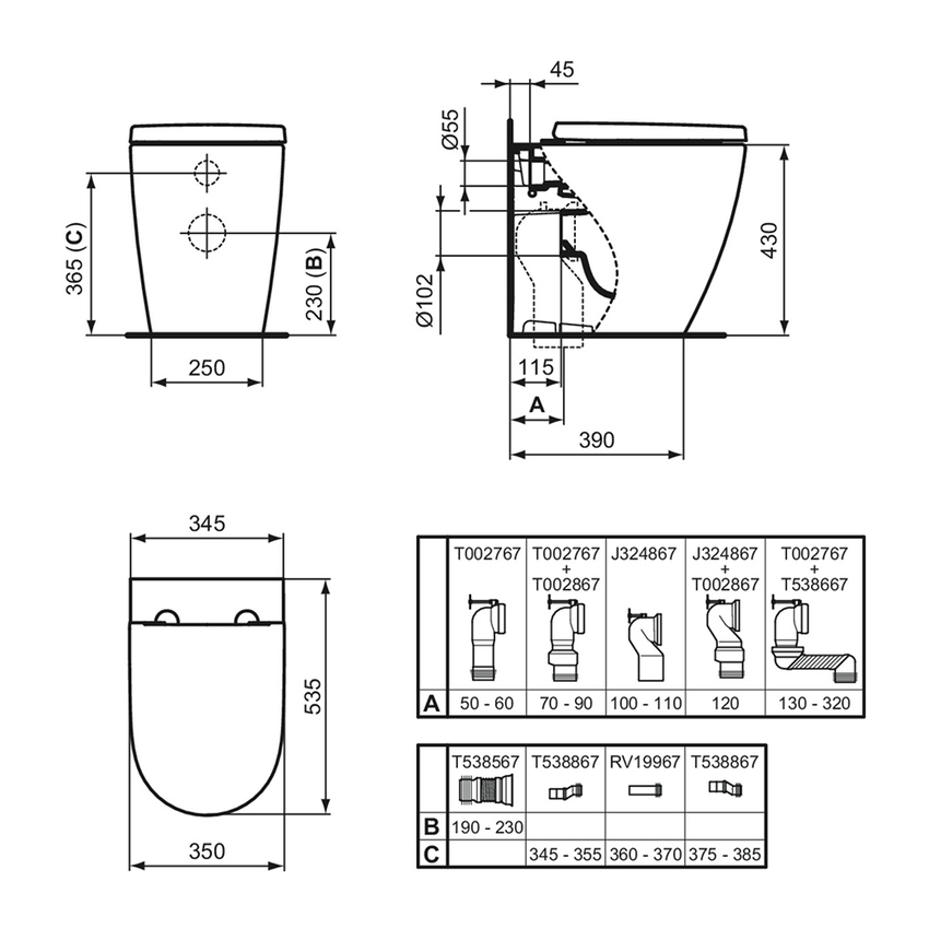 Immagine di Ideal Standard I.LIFE O set completo sanitari a terra vaso HydroTwist, sedile a discesa rallentata, bidet monoforo con troppopieno, colore bianco finitura lucido T568901+T569001+T572201