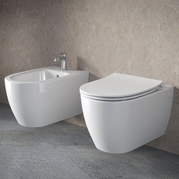 Immagine di Ideal Standard I.LIFE O set completo sanitari sospesi vaso HydroTwist, sedile slim a discesa rallentata, bidet monoforo con troppopieno, colore bianco finitura lucido T568001+T568101+T572401