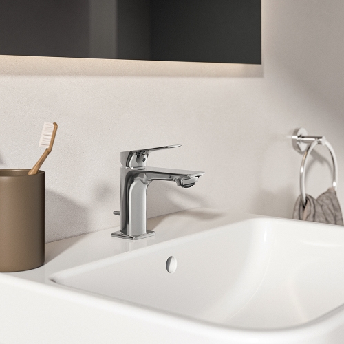 Immagine di Ideal Standard CERALIFE C miscelatore monocomando H.13 cm per lavabo, con asta di comando e scarico piletta da 1-1/4", finitura cromo BE121AA