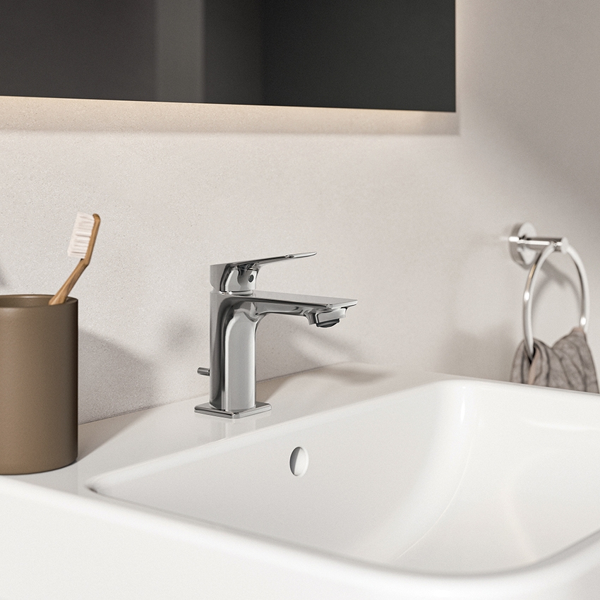 Immagine di Ideal Standard CERALIFE C miscelatore monocomando H.13 cm per lavabo, con asta di comando e scarico piletta da 1-1/4", finitura cromo BE121AA