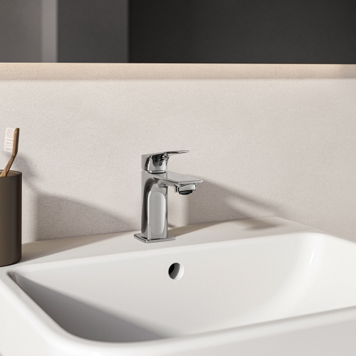 Immagine di Ideal Standard CERALIFE C miscelatore monocomando H.13 cm per lavabo, con asta di comando e scarico piletta da 1-1/4", finitura cromo BE121AA