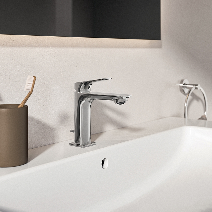 Immagine di Ideal Standard CERALIFE C miscelatore monocomando H.15 cm per lavabo, con asta di comando e scarico piletta da 1-1/4", finitura cromo BE116AA