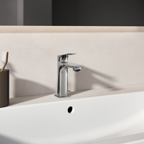 Immagine di Ideal Standard CERALIFE C miscelatore monocomando H.15 cm per lavabo, con asta di comando e scarico piletta da 1-1/4", finitura cromo BE116AA