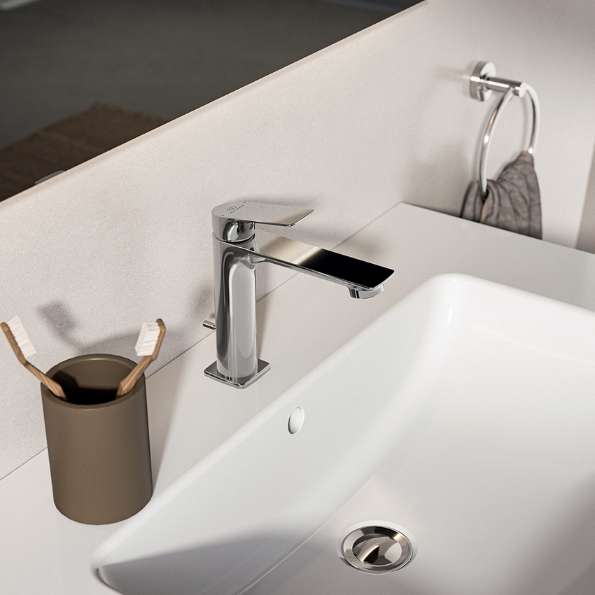 Immagine di Ideal Standard CERALIFE C miscelatore monocomando H.17 cm per lavabo, con asta di comando e scarico piletta da 1-1/4", finitura cromo BE123AA