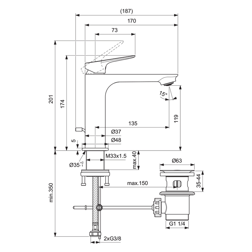Immagine di Ideal Standard CERALIFE C miscelatore monocomando H.17 cm per lavabo, con asta di comando e scarico piletta da 1-1/4", finitura cromo BE123AA