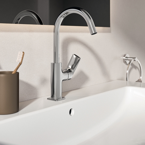 Immagine di Ideal Standard CERALIFE C miscelatore monocomando per lavabo, con bocca tubolare, senza asta di comando e senza scarico piletta, finitura cromo BE053AA