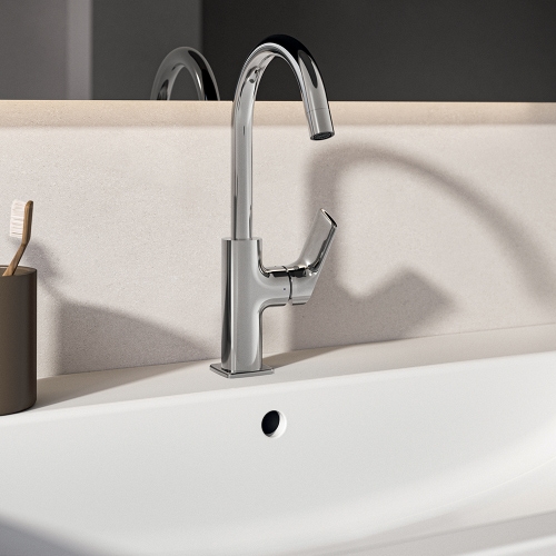 Immagine di Ideal Standard CERALIFE C miscelatore monocomando per lavabo, con bocca tubolare, senza asta di comando e senza scarico piletta, finitura cromo BE053AA