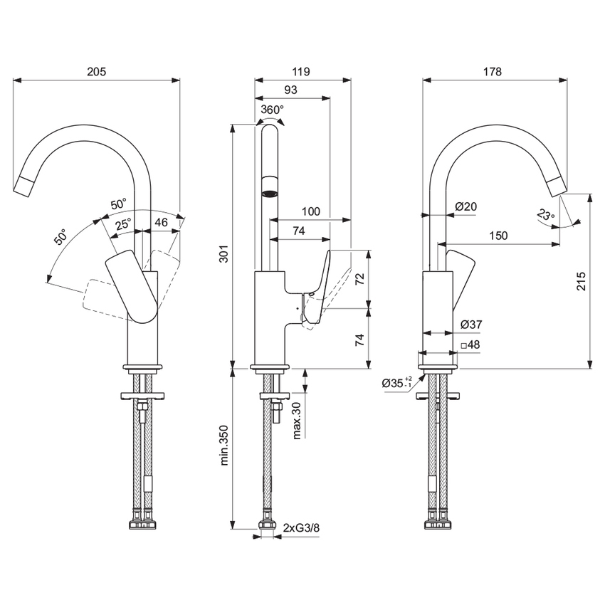 Immagine di Ideal Standard CERALIFE C miscelatore monocomando per lavabo, con bocca tubolare, senza asta di comando e senza scarico piletta, finitura cromo BE053AA