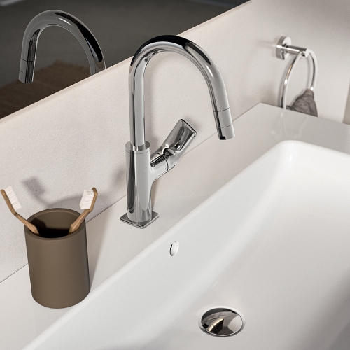 Immagine di Ideal Standard CERALIFE C miscelatore monocomando per lavabo, con doccetta estraibile, con piletta click-clack, finitura cromo BE056AA