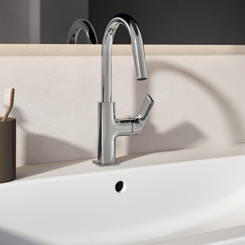 Immagine di Ideal Standard CERALIFE C miscelatore monocomando per lavabo, con doccetta estraibile, con piletta click-clack, finitura cromo BE056AA